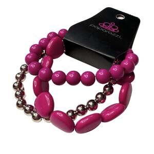 Paparazzi Chunky Beaded Stretch Multi‑Strand Bracelet Set Pink Silver Jewelry